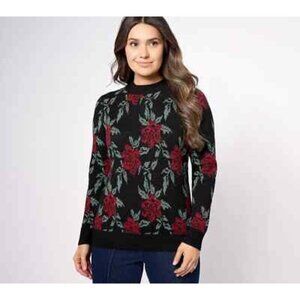 Denim & Company Woman's Jacquard Floral Mock Neck Sweater Black Red Size M NWOT
